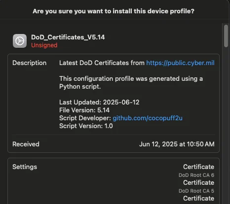 Example DoD Certificates Mobileconfig