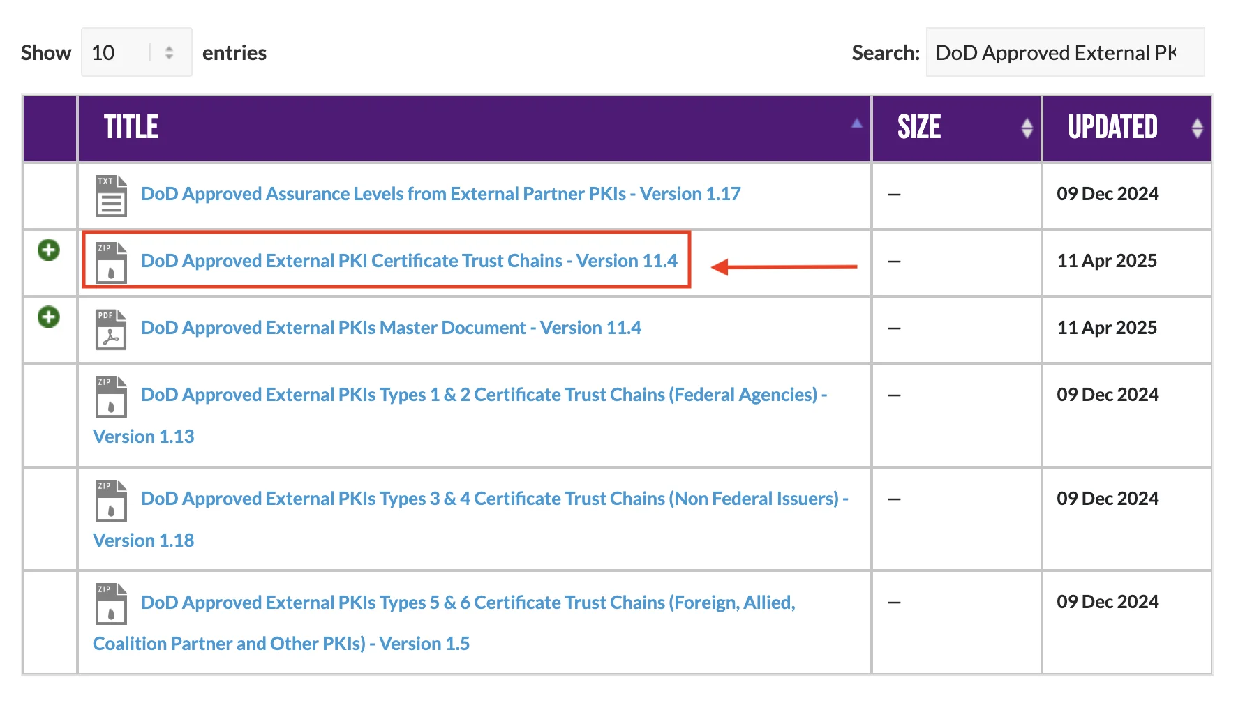 Search for DoD Approved External PKI Certificates Trust Chains